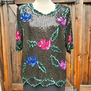 Vintage 80's black beaded/sequined top 100% silk